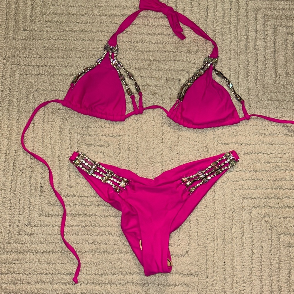 NWOT- Hot Pink Rhinestone Tie Bikini - Size Medium